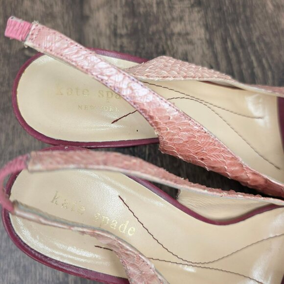 Kate Spade New York Slingback Peep Toe Heels 8.5 B Pink Red Leather Fur Scaled - Picture 3 of 16